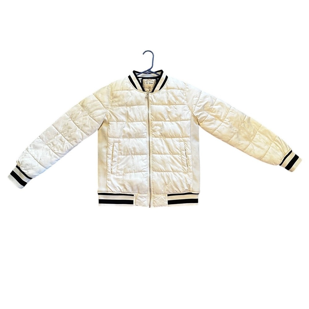 Ci Sono Quilted Bomber Jacket Cream White Black Striped Trim Varsity Puffer M